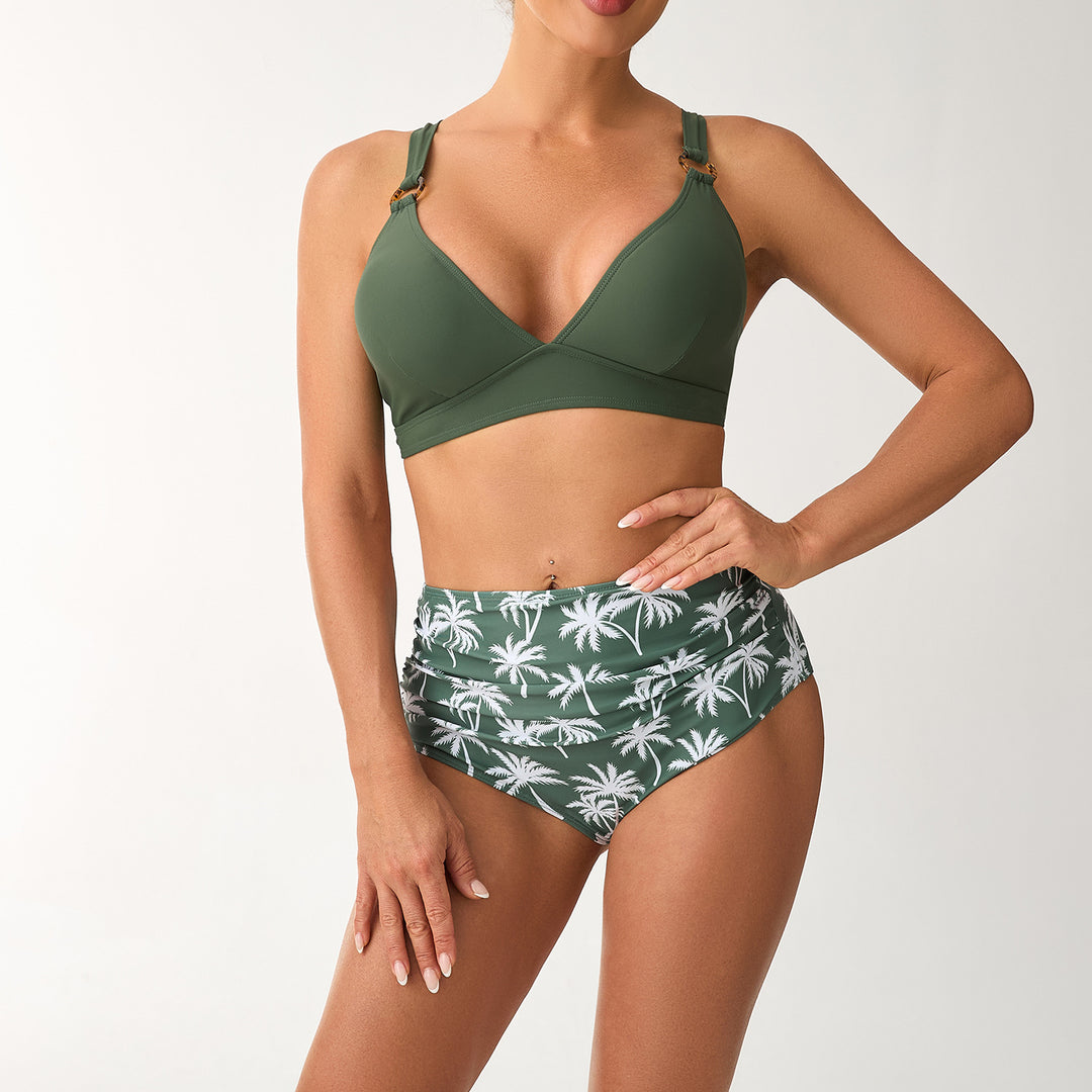 Dame Høj taljet Bikini-sæt med justerbare stropper og stilfuldt palmeprint Skovae