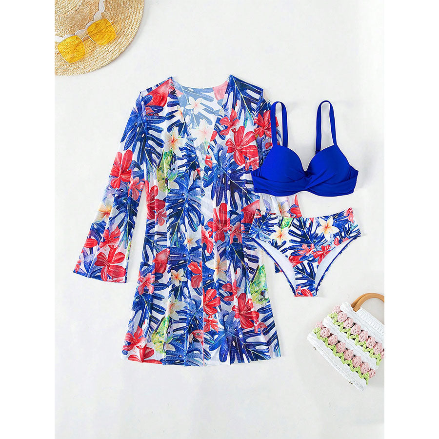 Kvinder Floral Print Badekåbe og Bikini Sæt Stilla