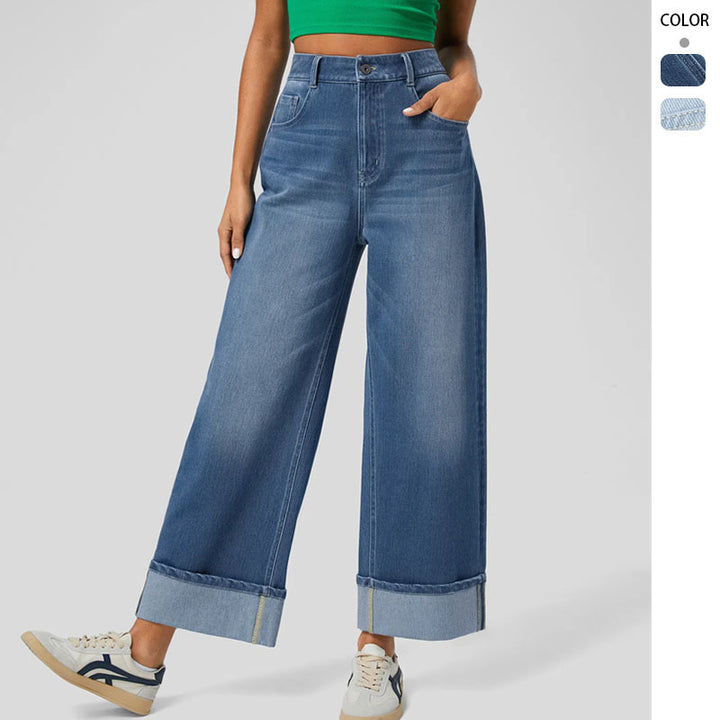 Dame brede jeans med høj talje og buet kant