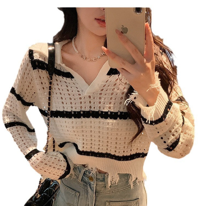 Kvinders luftige strikket sweater med moderne mesh-design og kontinuerligt stribemønster Stilla
