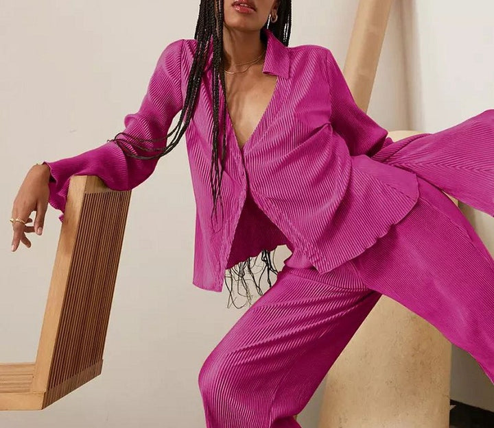 Dame Blazer-Bukser-Sæt med elegante ribdetaljer og afslappet snit Stilla