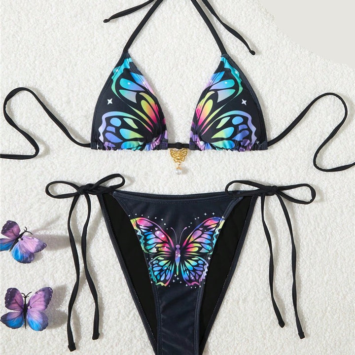 Dame trekant-bikini-sæt med farverigt sommerfugl-design og dobbelt knytbånd Stilla
