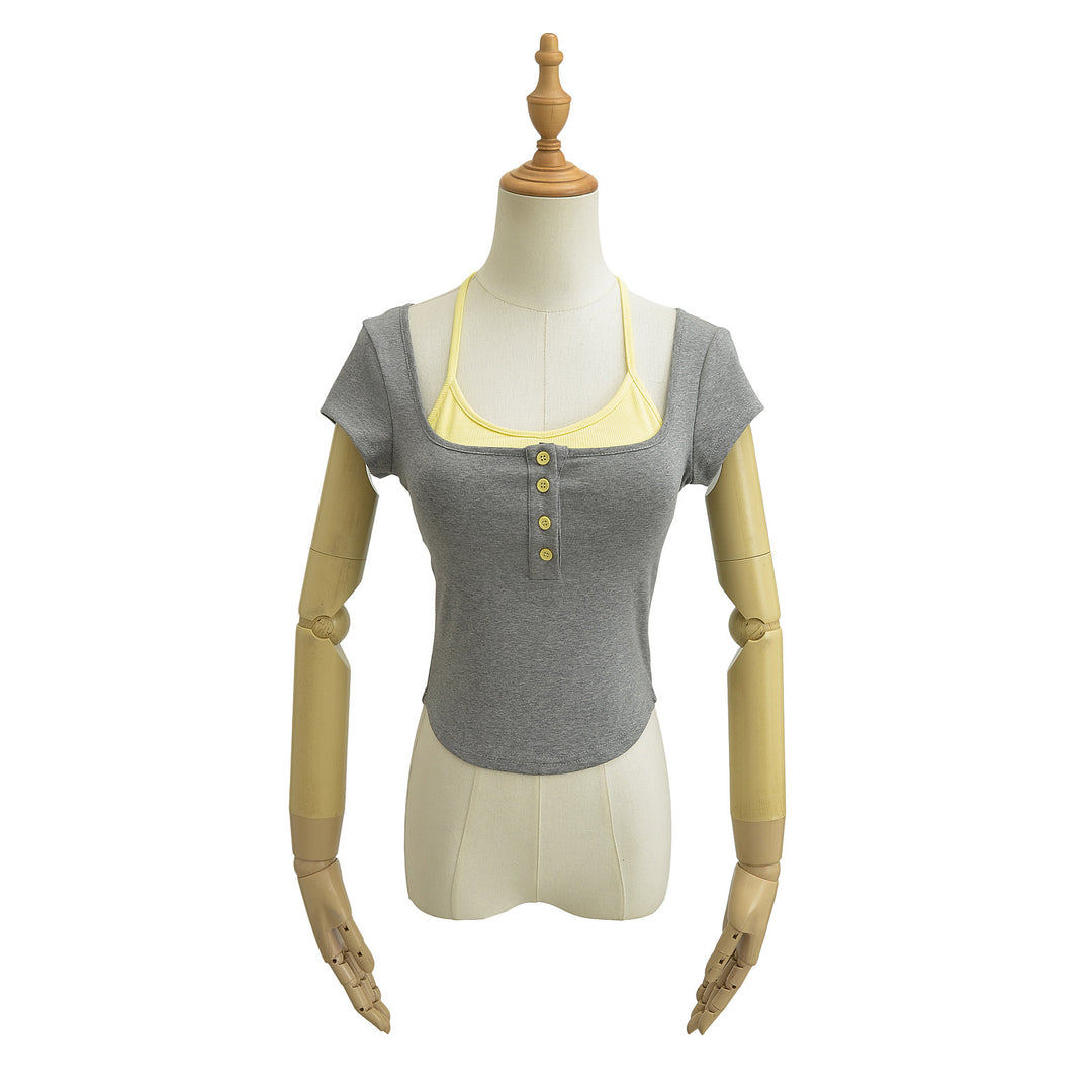 Dame Crop-Top med legende bindedesign og moderigtige knapdetaljer Stilla