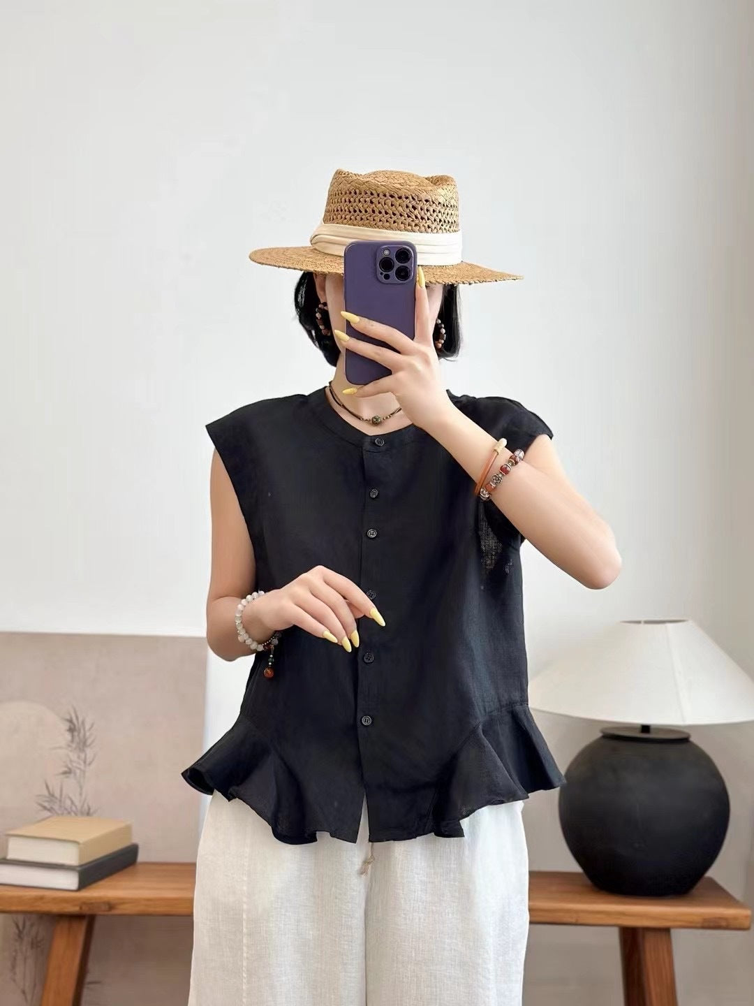 Femme Fritid Knaplukning Flounce Kant Top Stilla