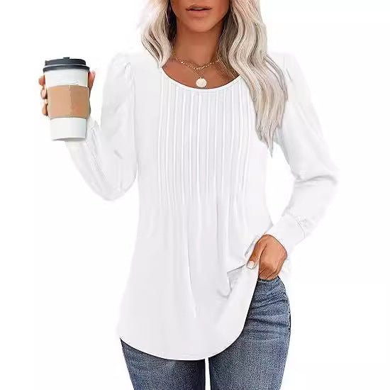 Dame elegant langærmet bluse skjorte med rynk Stilla