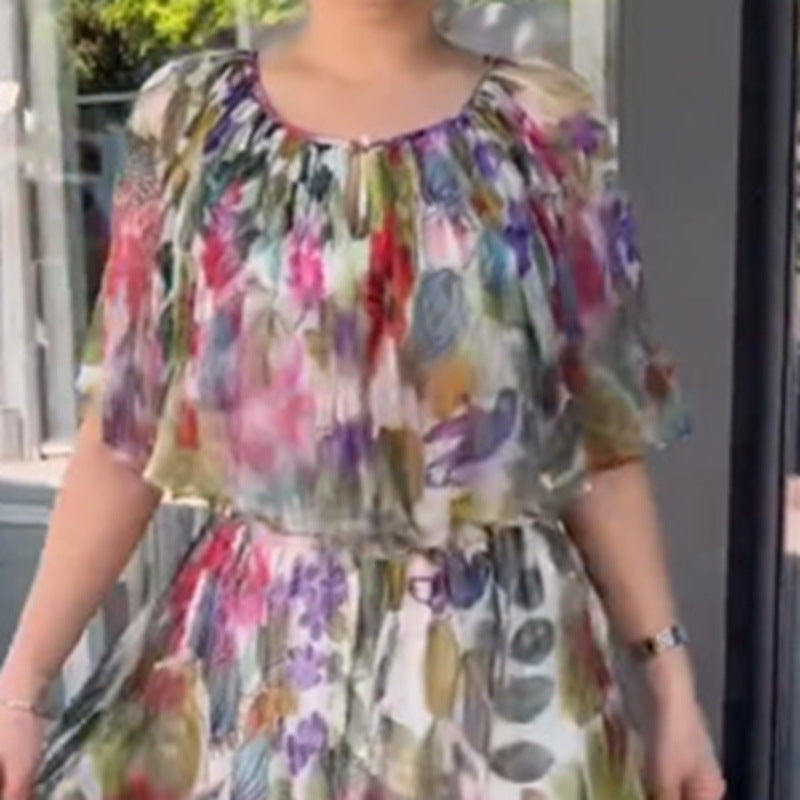 Dame Maxikjole med blomster-chiffon overdel og elastisk talje Stilla