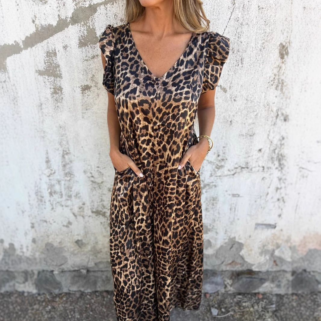 Dame Leopardprint V-Udskæring Maxi Kjole med Lommer Stilla