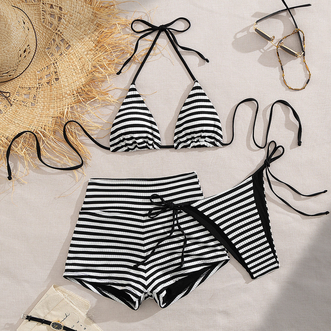 Dame bikini-sæt med stribet design og højt skåret trusser Stilla
