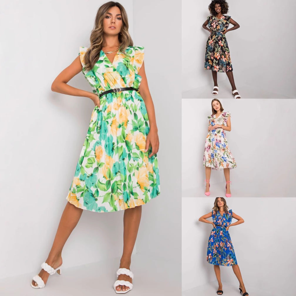 Dame blomsterprint rynke skjorte midi kjole Stilla