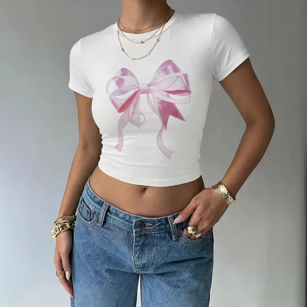Dame Crop-Top med delikat sløjfemotiv Skovae