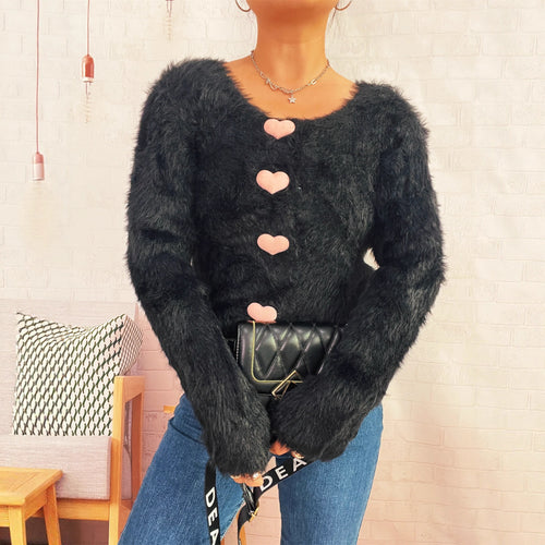 Dame fluffy cardigan med hjerteknapper Stilla