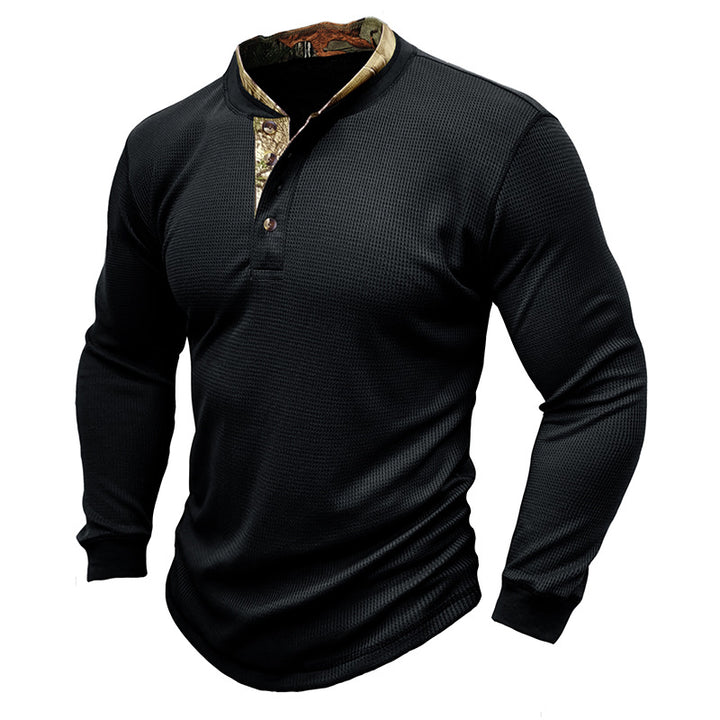 Herrer stilfuld langærmet Henley-shirt med struktureret design og elegant knaplukning Stilla
