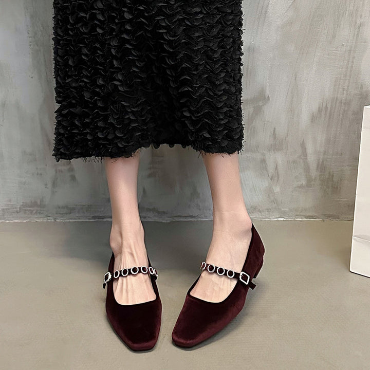 Femme Elegante Square-Toe Mary Jane Ballerinaer med dekorativ ankelrem Stilla