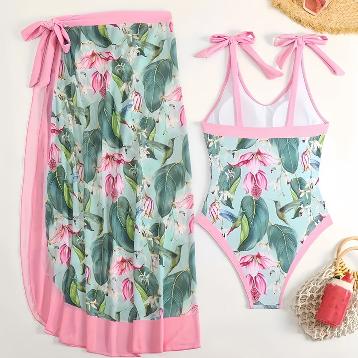 Dame Badedragt-sæt med blomsterkaftan og afslappede sløjfer Stilla