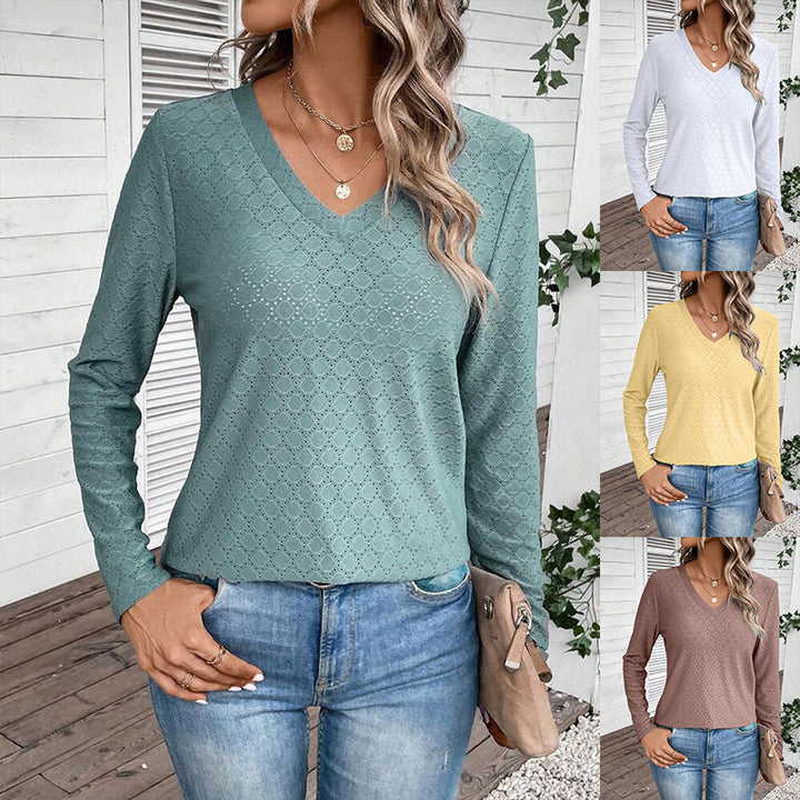 Dame V-hals langærmet med perforeret design Stilla