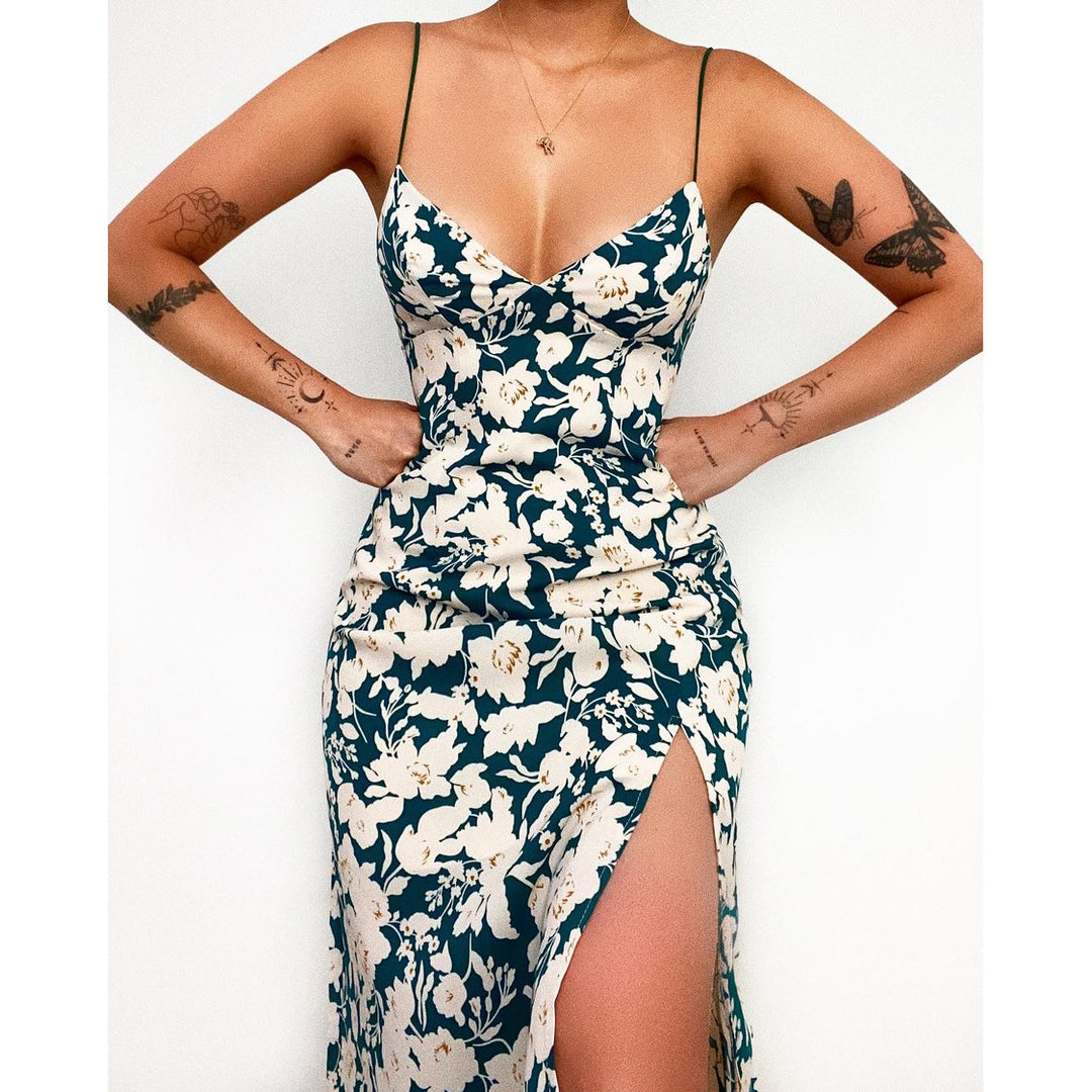 Ladies spaghetti strap maxi dress with floral design and high slit Skovae