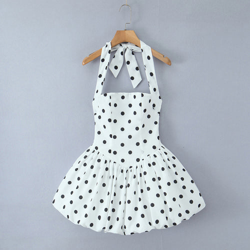 Dame A-linje sommerkjole med polka-dots og flæser Stilla