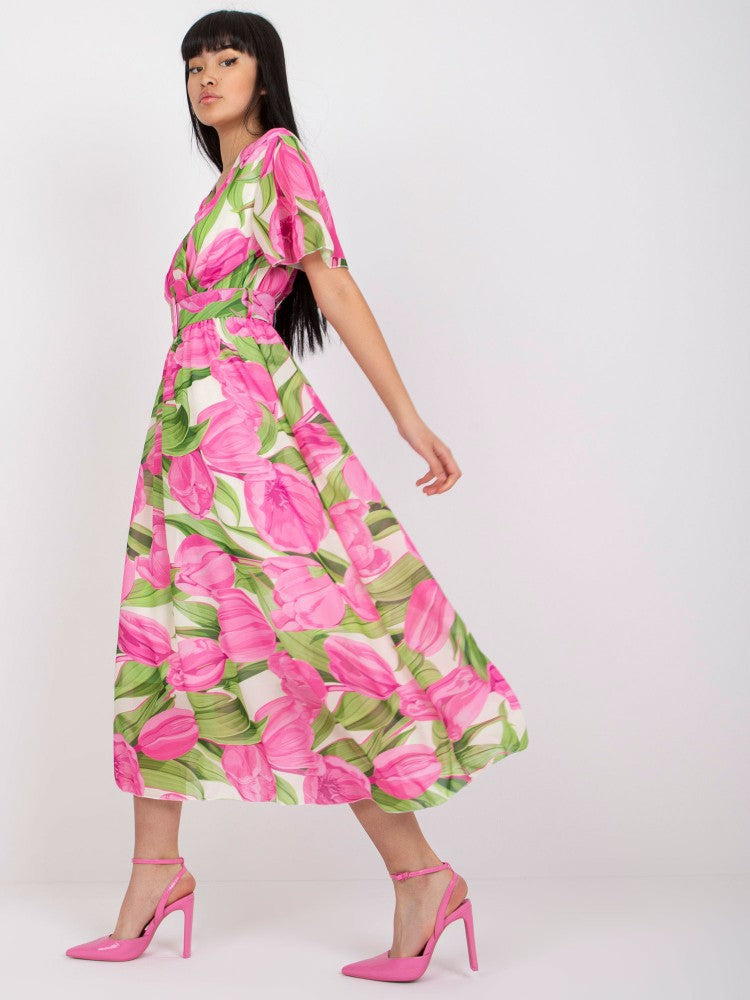 Dame Floralprint Midi Kjole med Bælte Talje Stilla