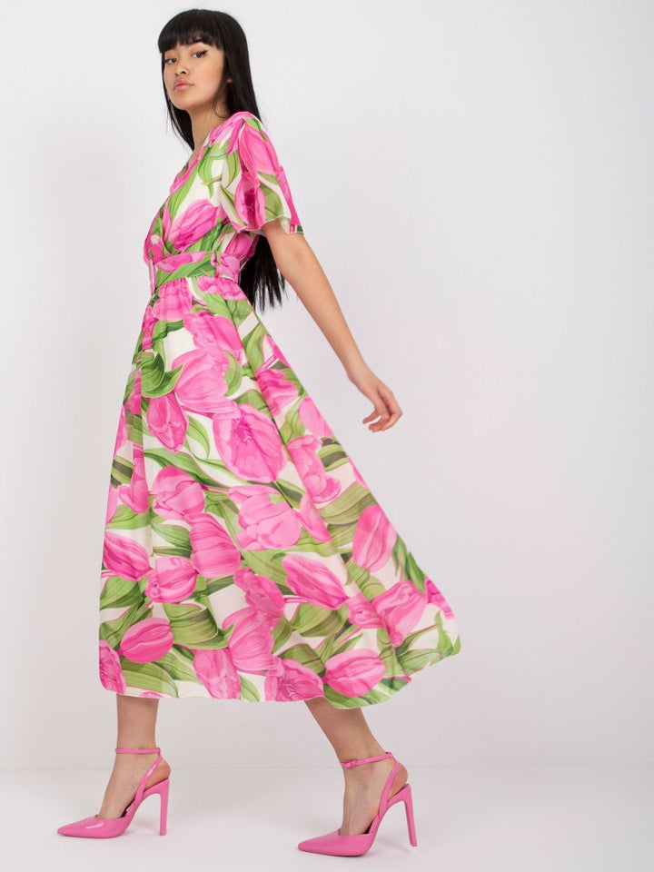 Dame Floralprint Midi Kjole med Bælte Talje Stilla
