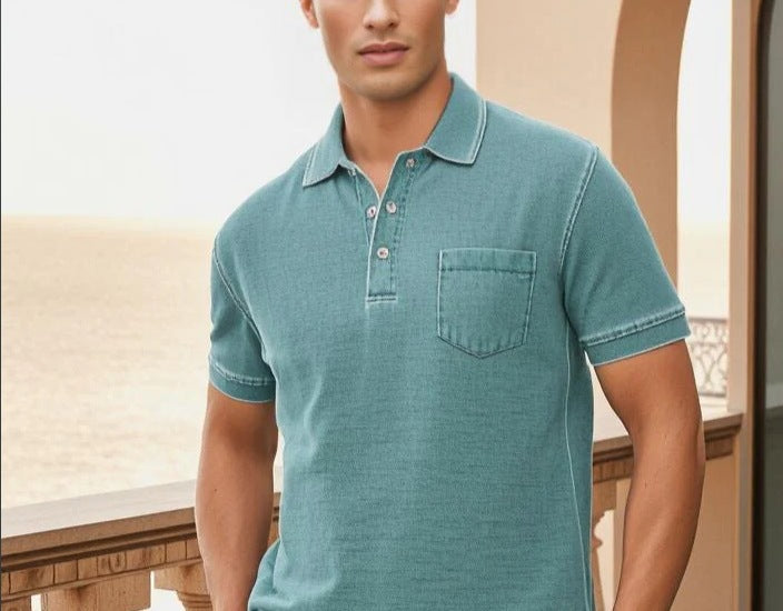 Herrers poloshirt med knaplukning og fint denim-look Stilla