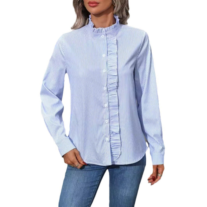 Damebluse med flæsedetaljer og fine striber Stilla