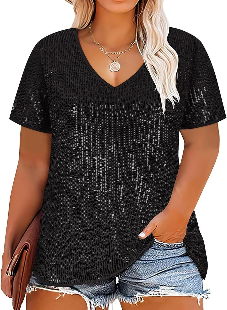 Dame Funklende V-Udskæring T-Shirt med glitrende accenter og løs pasform Stilla
