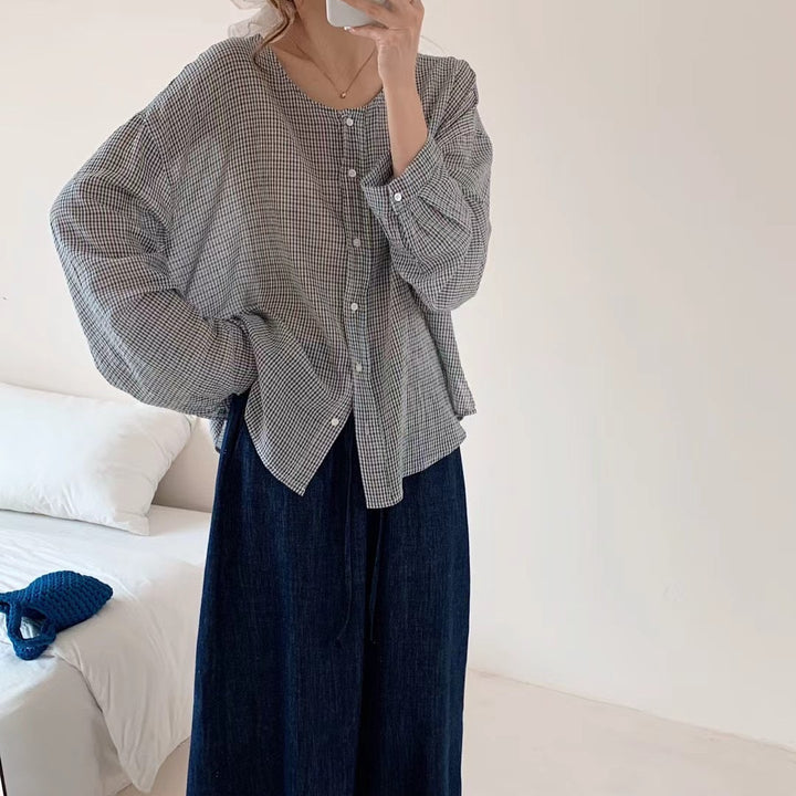 Damer Oversized Button-Up Karo-Bluse med unik kant Stilla
