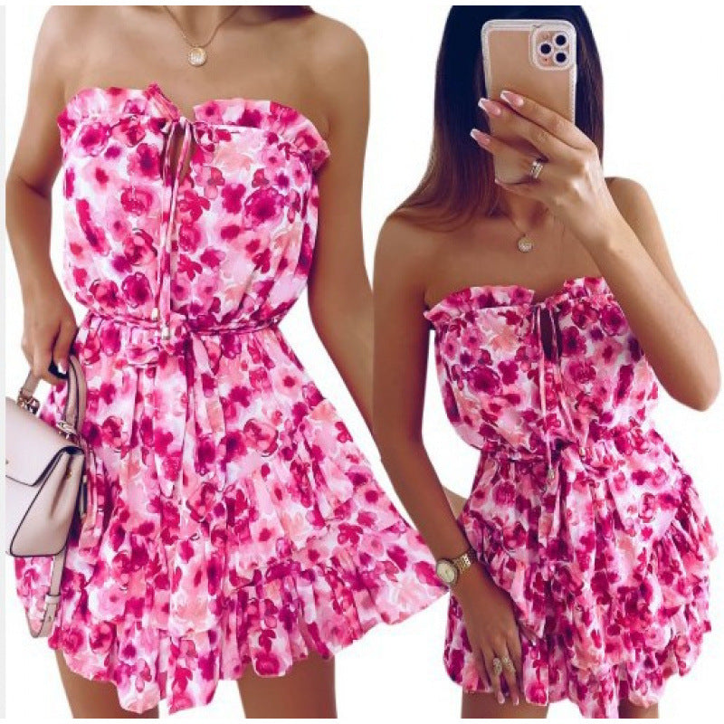 Dame Strapless Blomster Mønster Mini-Kjole med Rüschen-Saum Stilla