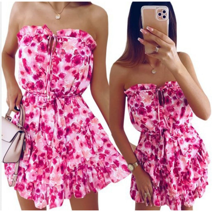 Dame Strapless Blomster Mønster Mini-Kjole med Rüschen-Saum Stilla