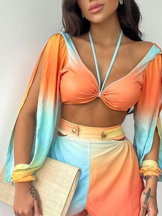 Dame crop top med off-shoulder ærmer og farvegradient design Skovae