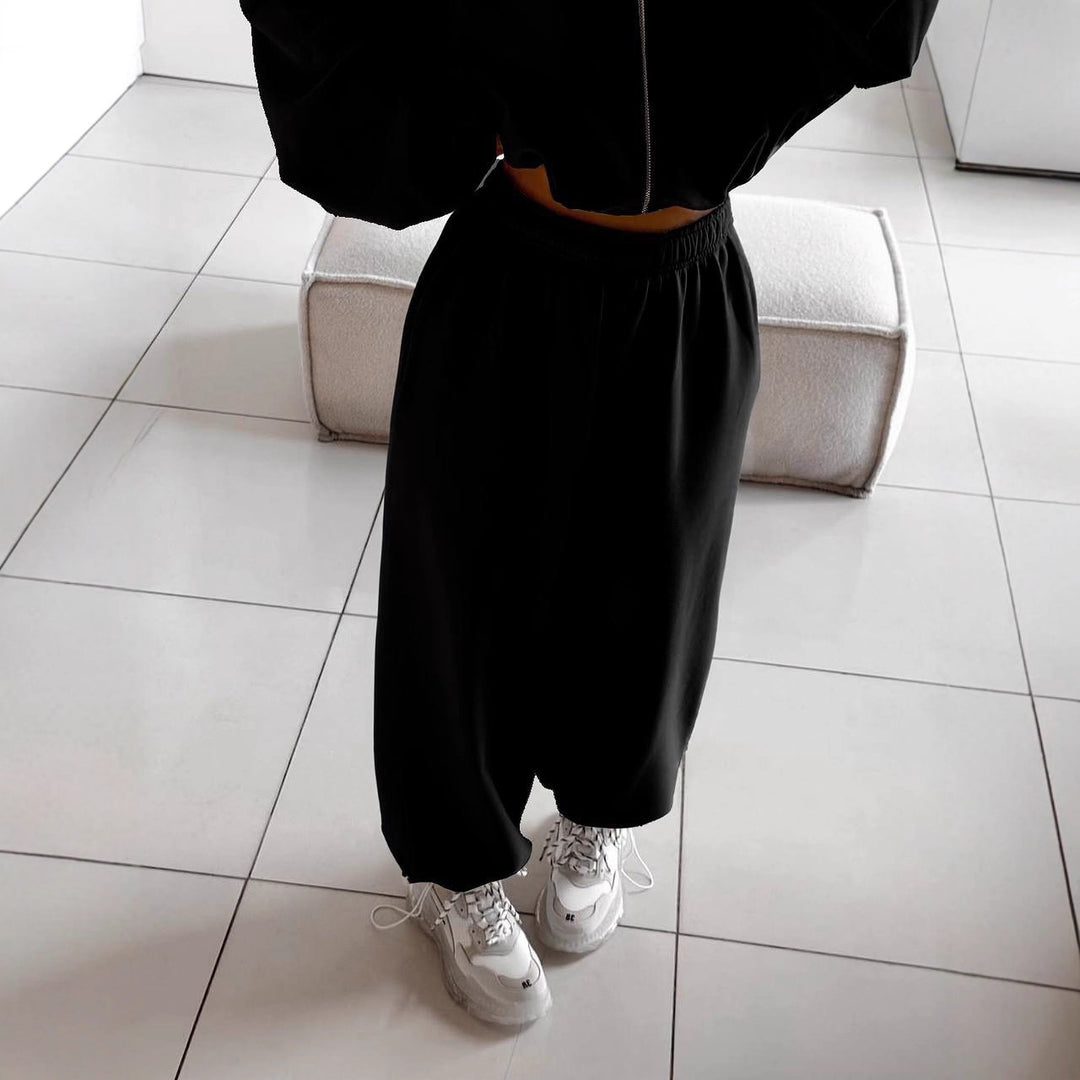 Kvinders afslappede fleece sæt med kort lynlås og elastisk talje Skovae