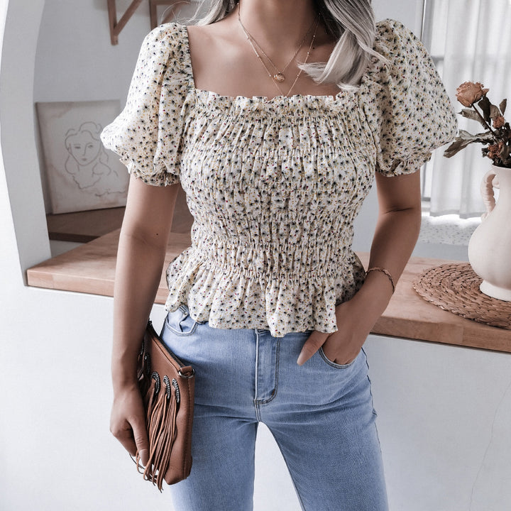Dame Puffærme Bluse med rynket design og flæse kant Stilla