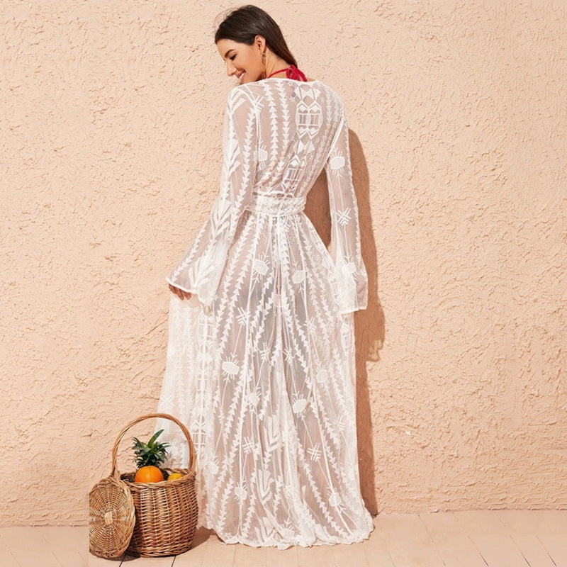 Dame Gennemsigtig Strandkimono med elegant Spids og brede Ærmer Stilla