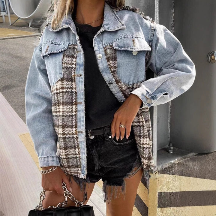 Dame Oversized Jeansjakke med ternet front og vintage-detaljer Stilla