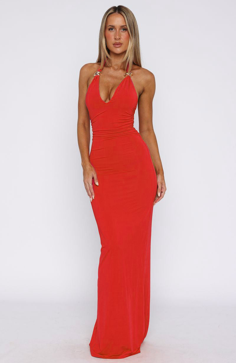 Dame Elegant Maxi-kjole med justerbar halterneck og figursyet snit Stilla