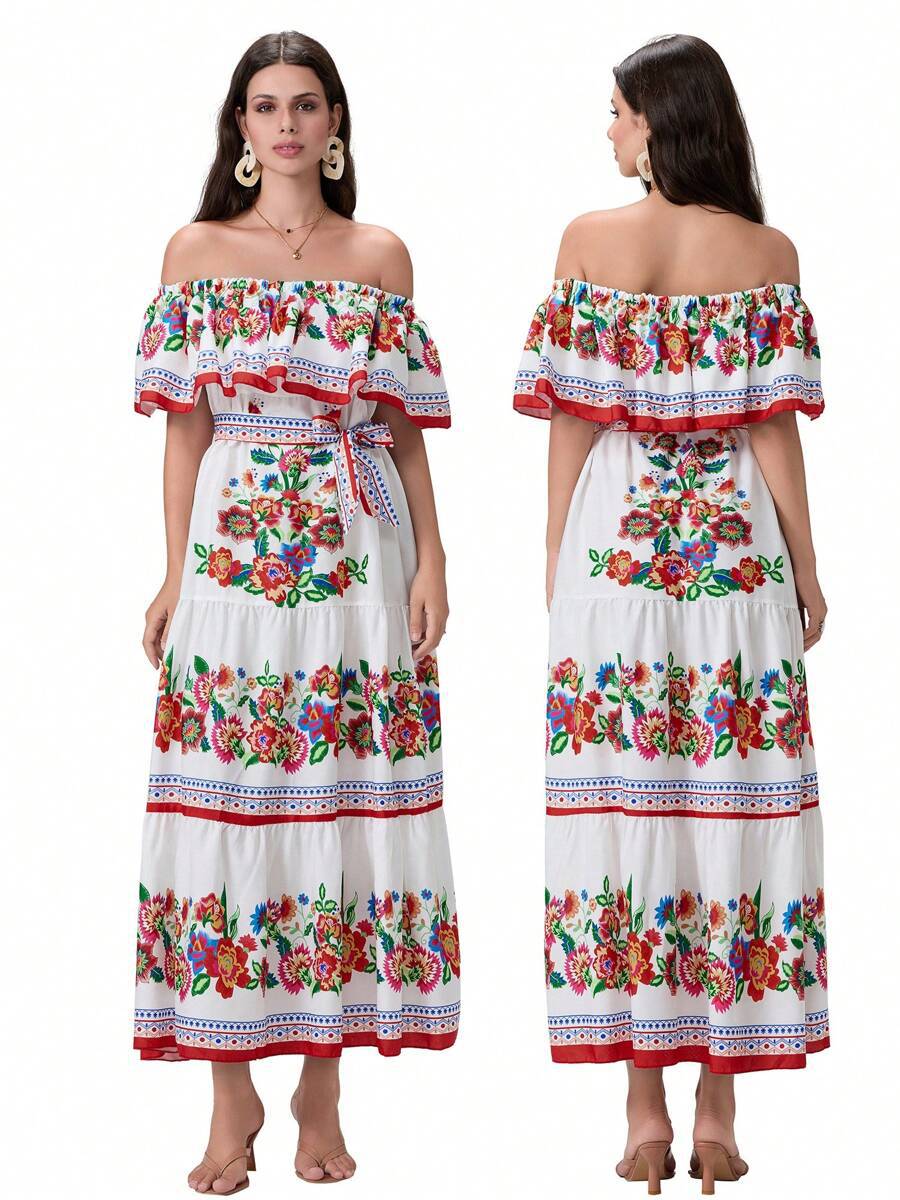Dame Maxikjole med off-shoulder design og blomstrende applikationer Stilla