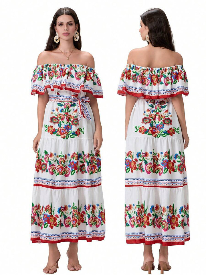 Dame Maxikjole med off-shoulder design og blomstrende applikationer Stilla