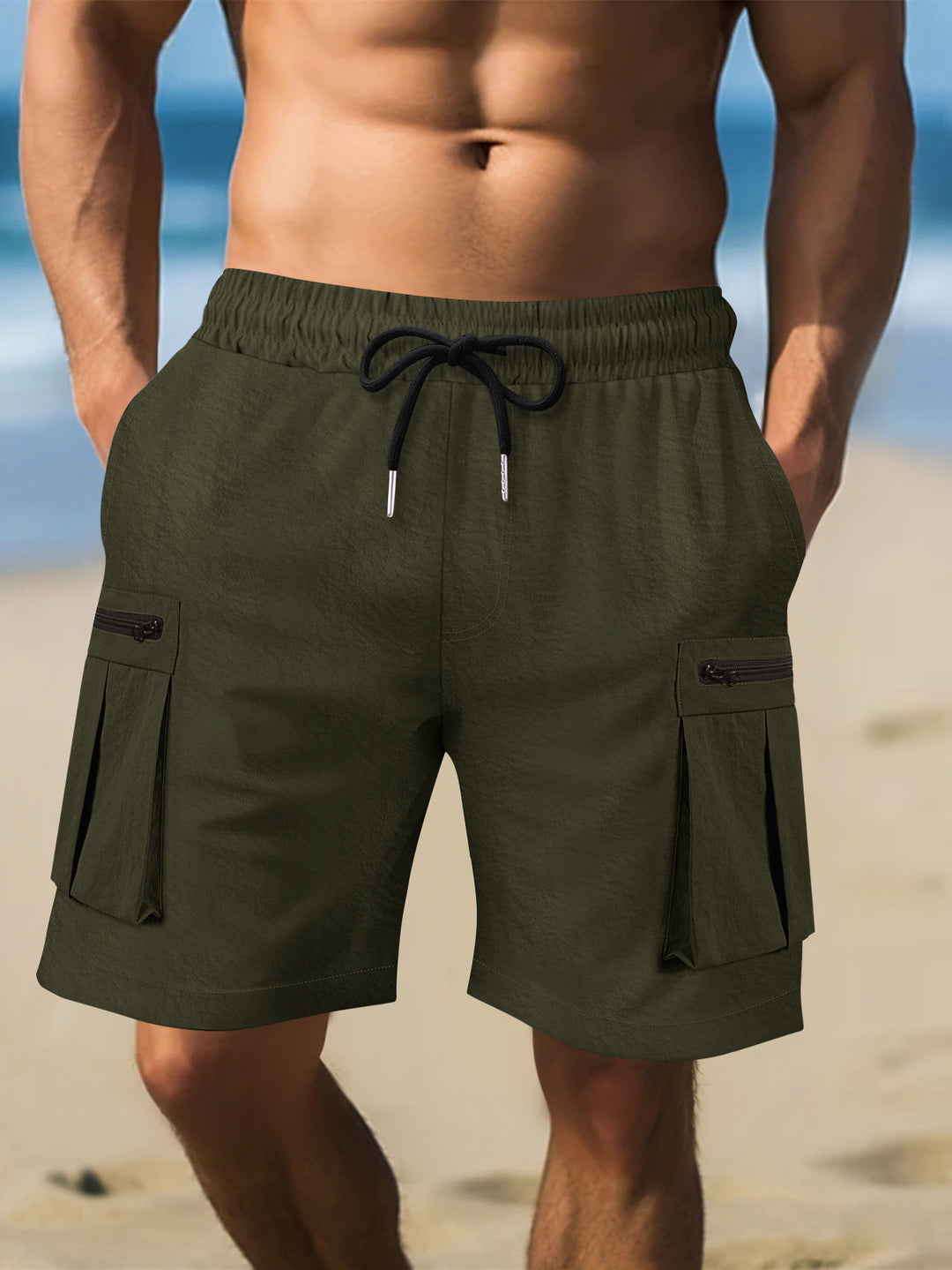 Herre Cargo-shorts med praktiske lynlåslommer og elastisk linning Stilla
