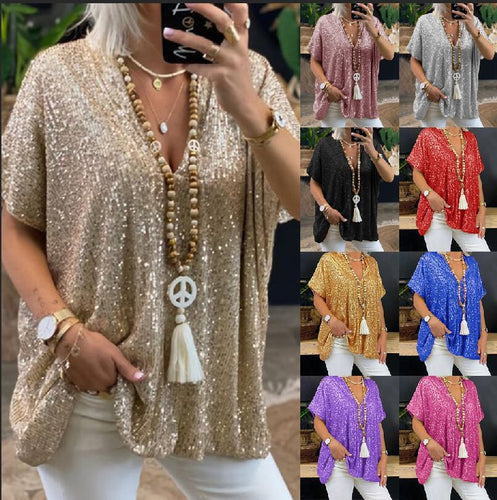 Dame Glitrende Oversized-T-Shirt med V-Udskæring Stilla