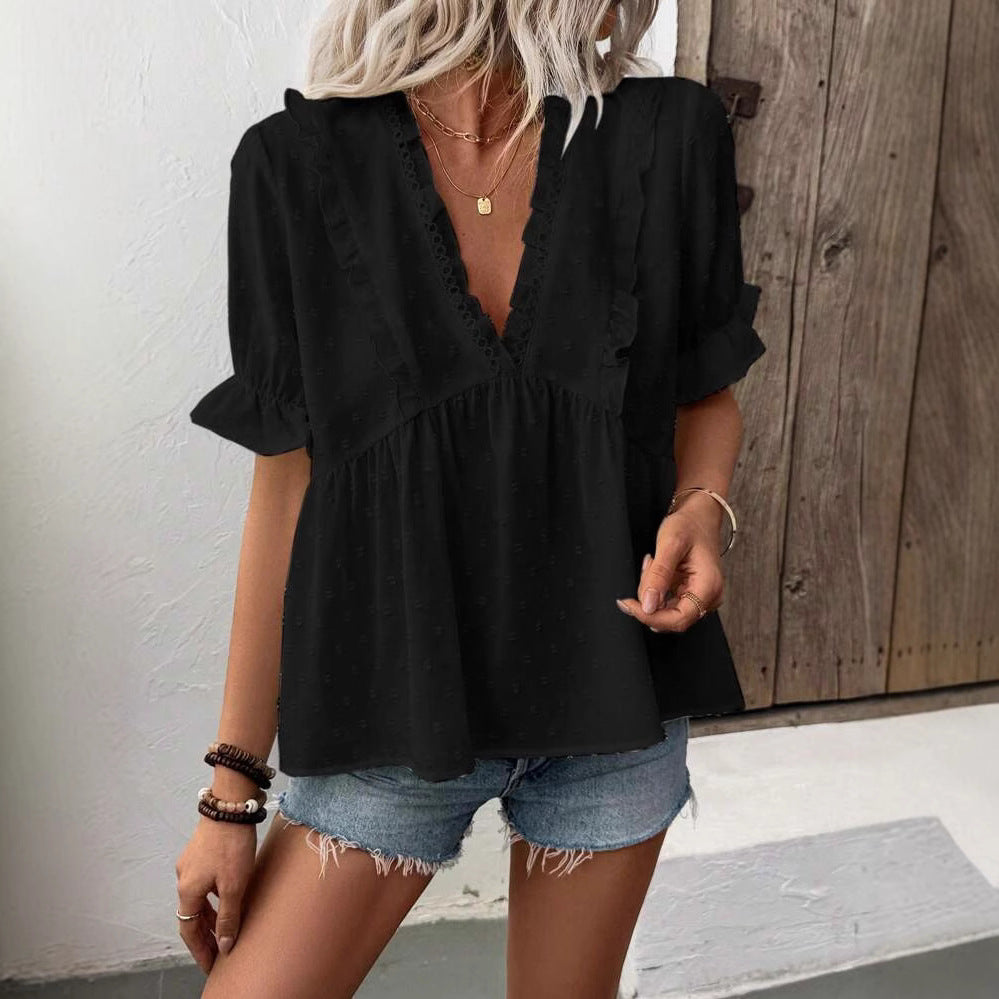 Dame elegant Blusenshirt med ruffle detaljer og V-udskæring Stilla