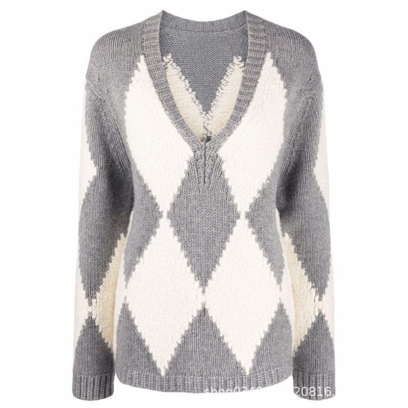 Damer trendy V-hals strikket sweater med zigzag mønster Stilla