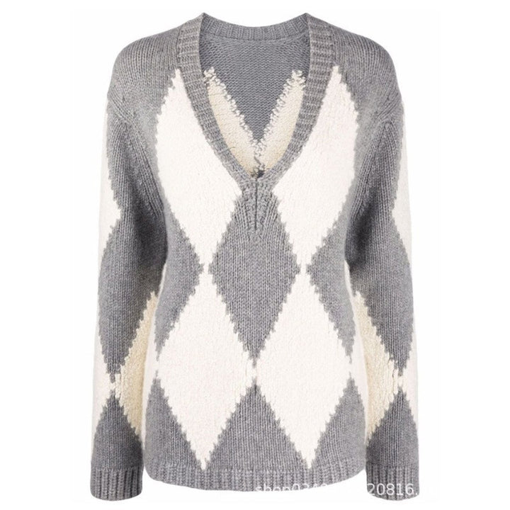 Damer trendy V-hals strikket sweater med zigzag mønster Stilla