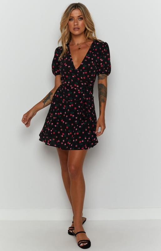 Dame Blomster Wrap Mini Kjole med Puffærmer Stilla
