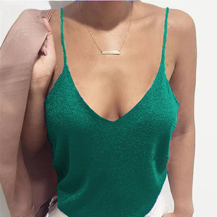Dame Elegant Spaghettistrop-top med dyb V-hals og glitrende finish Stilla