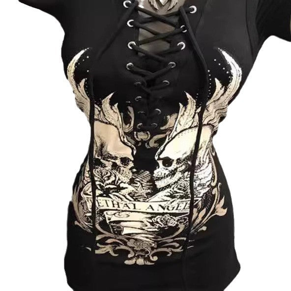 Dame Rockabilly kjole med snøringslook og grafisk print Skovae