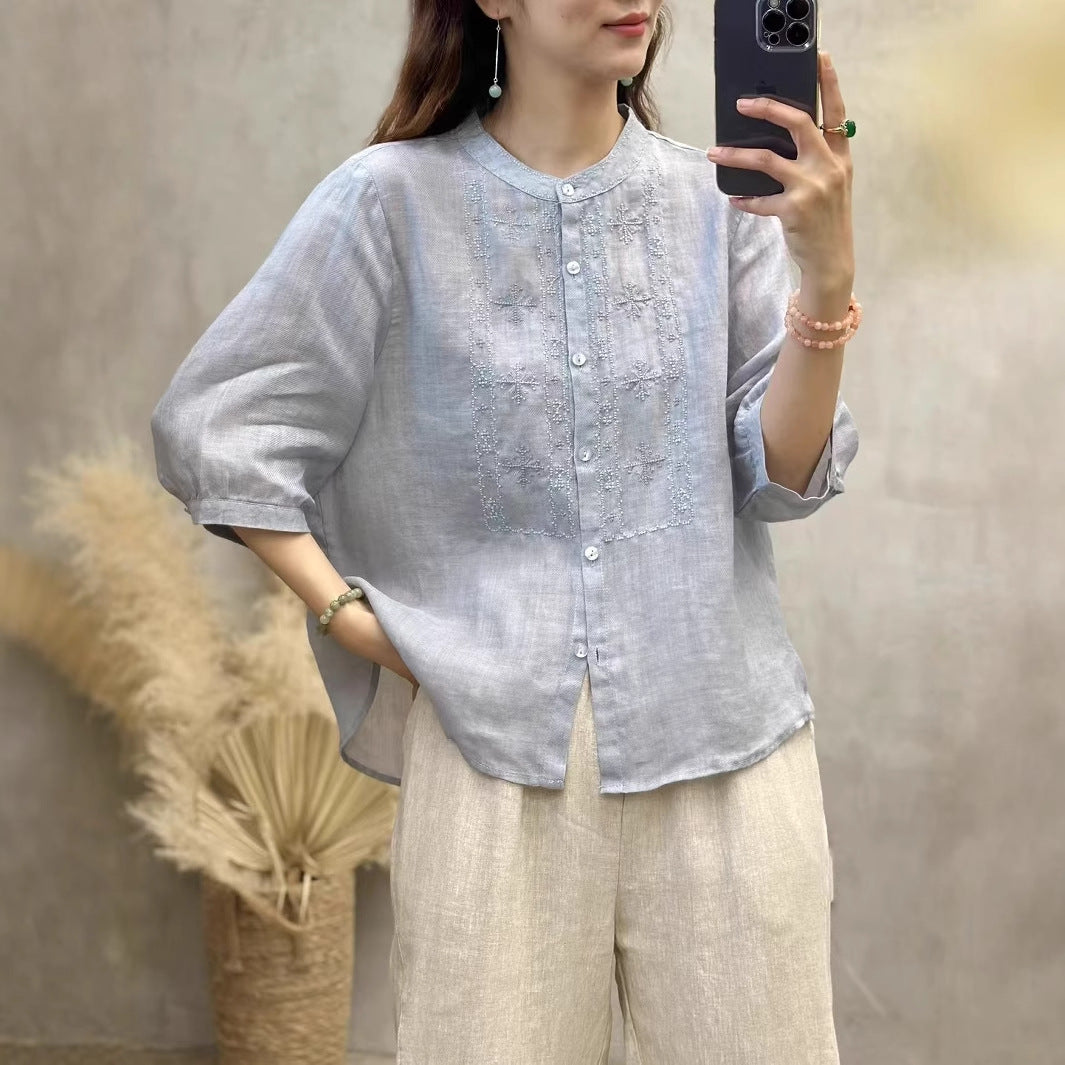Femme Broderet Linned Knap-Op-Bluse Stilla
