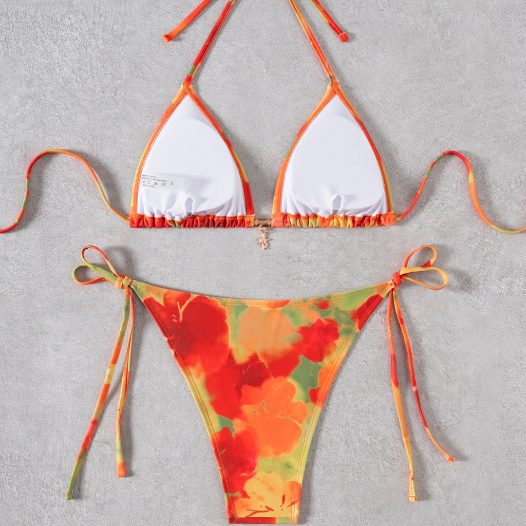 Dame Triangel-Bikini med blomstermotiv og justerbare bindebånd Skovae