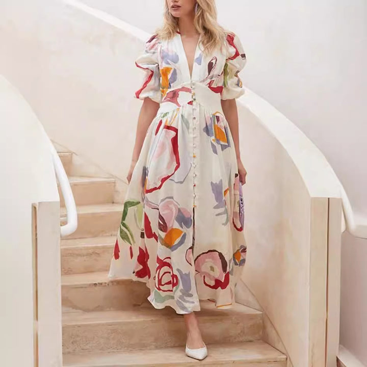 Dame Floral Maxikjole med ballonærmer og knaplukning Stilla