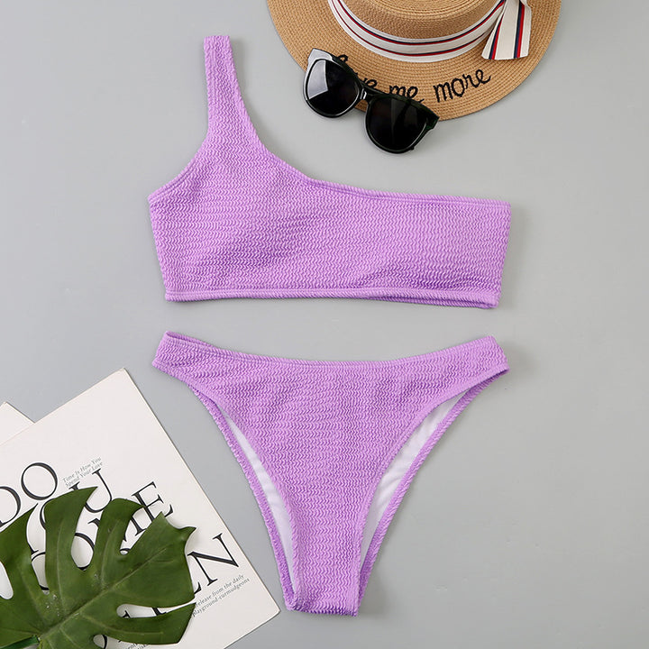 Femme Ribbetrik En-skulder Bikini Sæt Stilla
