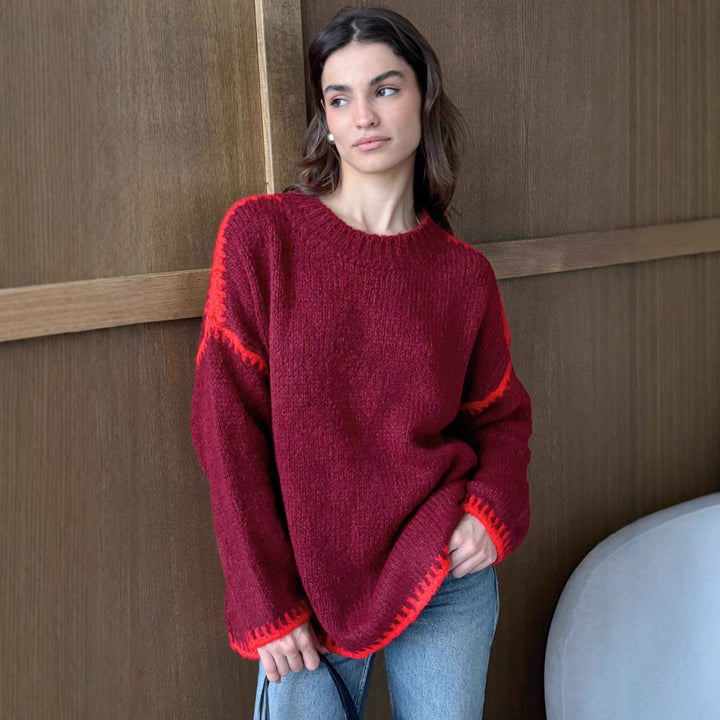Kvinders afslappede strik sweater med farveaccentueret kant Stilla